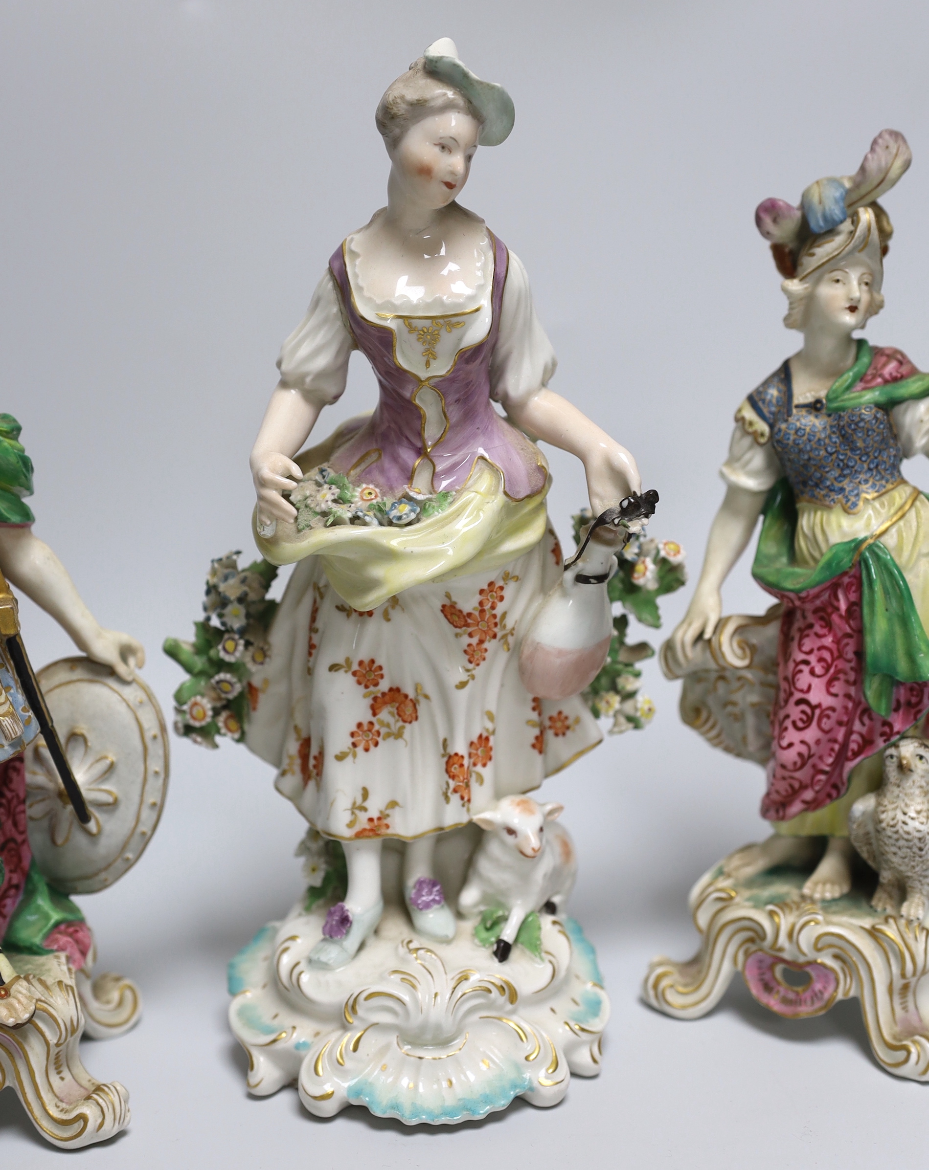 A Derby Shepherdess figure and two allegorical figures possibly Samson, tallest, 25cm